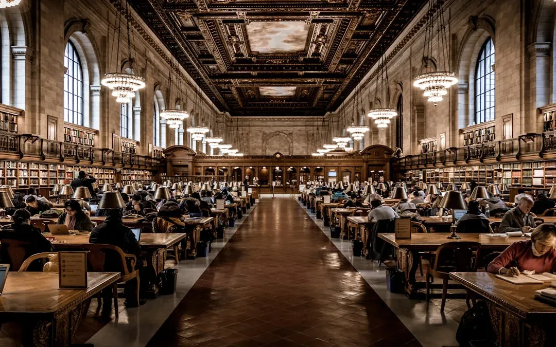 modern public library with natural light and reading nooks
